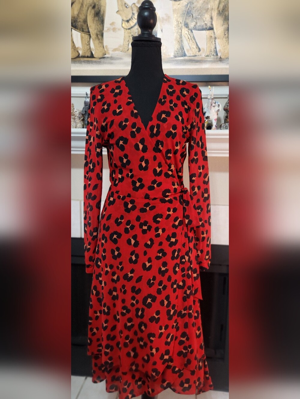 CAbi Red and Black Leopard Wrap Dress with Long Sleeves